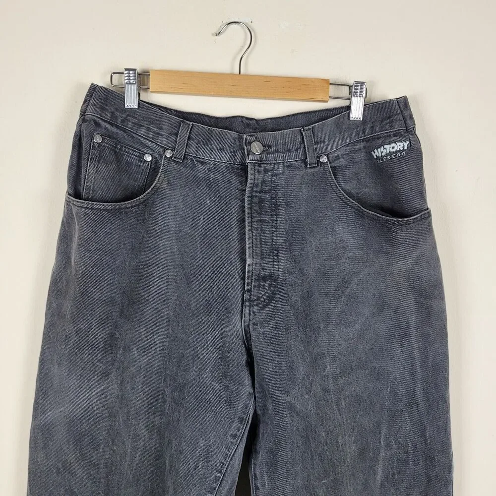 Vintage Iceberg History Jeans Mens 31 Black Denim Pepe Le Pew Baggy 90s Hip Hop
